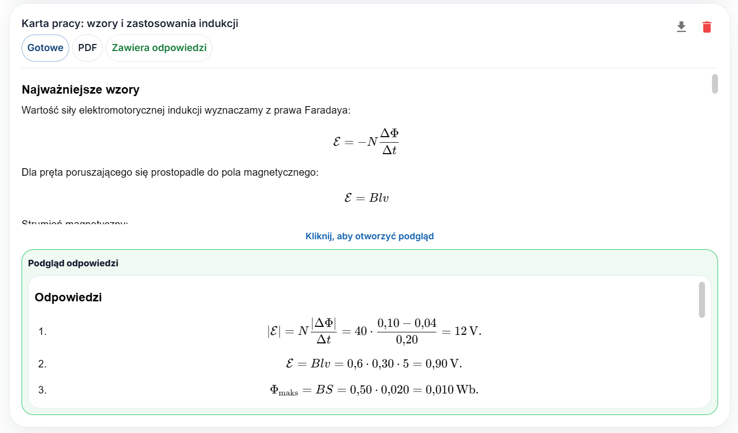 Podgląd dokumentu dodatkowego przygotowanego do lekcji w EduGen